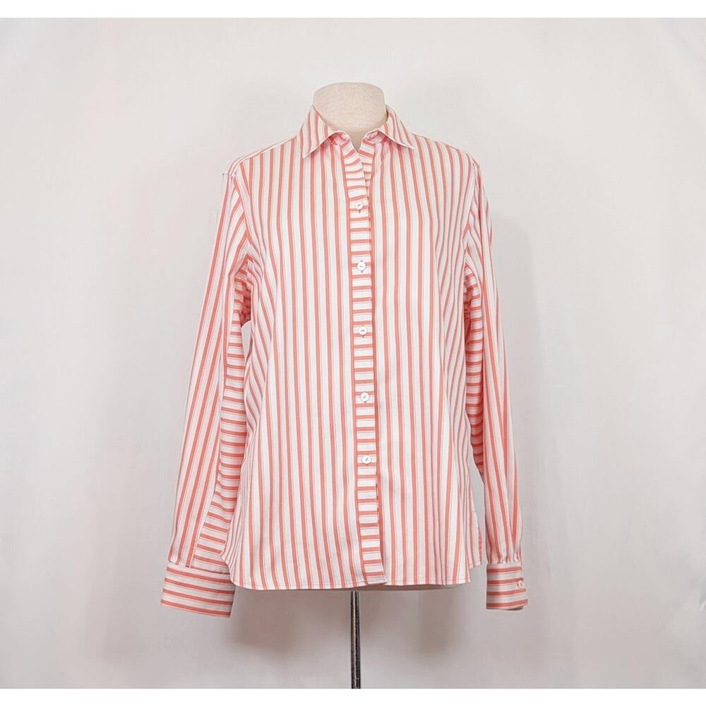 Foxcroft Blouse Coral Pink White Stripe Top Non Iron Stretch Women's Size 16